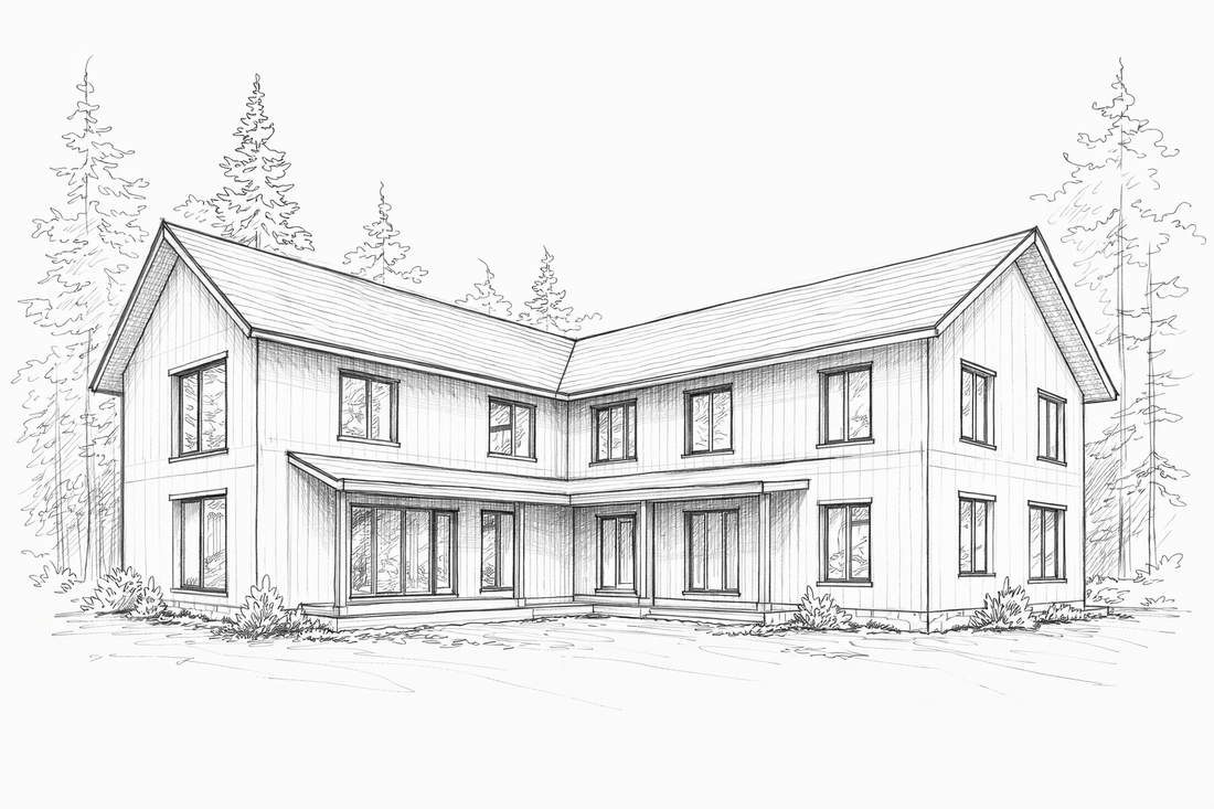 Low Impact Design Sketch L Shaped House Gable Roof